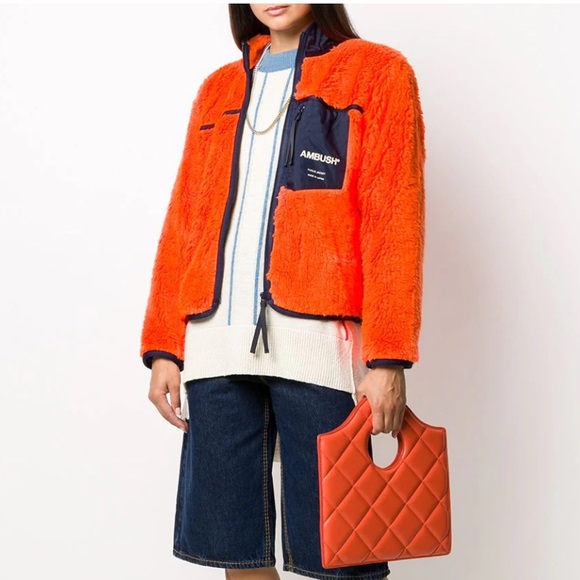 NWT AMBUSH logo-print fleece Sherpa jacket in Orange & Navy Size S - Picture 5 of 16